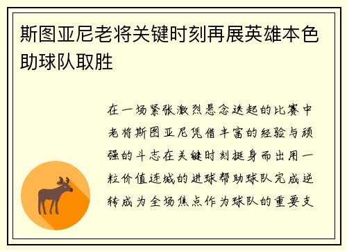 斯图亚尼老将关键时刻再展英雄本色助球队取胜